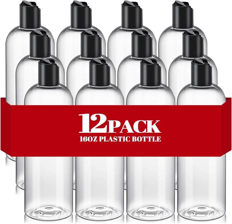 DPLASKA 16 oz Clear Plastic Empty Bottles with Black Disc Top Caps, 12 Pcs Squeezable Refillable Shampoo Bottles Travel Cosmetic Containers for Lotions, Body Soap Cream - Image 1